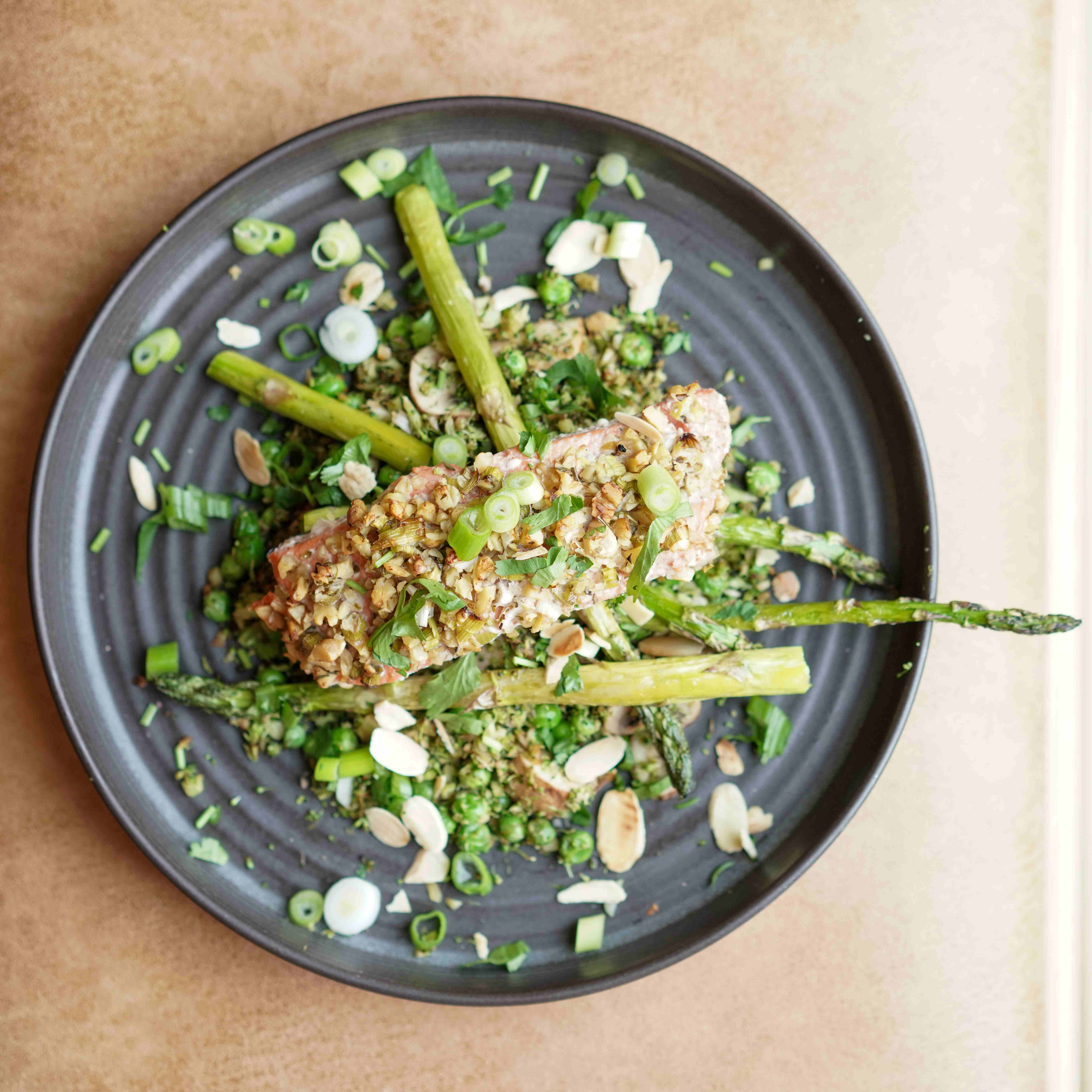 Walnut Crusted Salmon with Asparagus and Broccoli Fried Rice